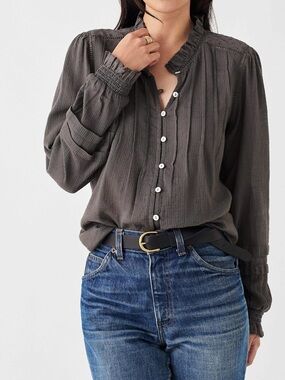Faherty Charcoal Willa Blouse Ruffle Neck Button-Down Blouse M